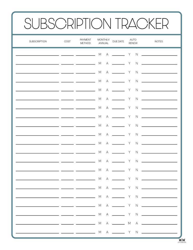subscription trackers - 12 free printables | printabulls